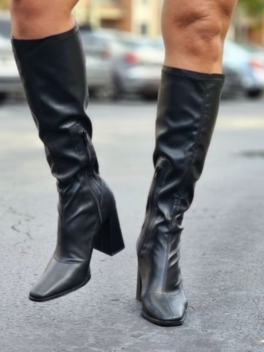 Black Women’s Mid Calf Boots Square Toe Heel Rubber Material